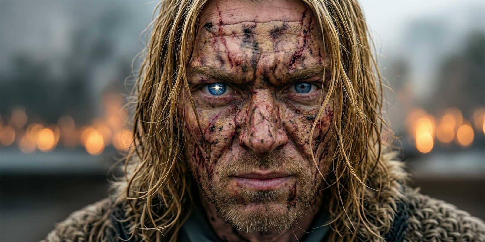 Close-up of a man with long blond hair, a glowing blue eye, and a face covered in dirt and cuts, with fire burning in the blurry background.